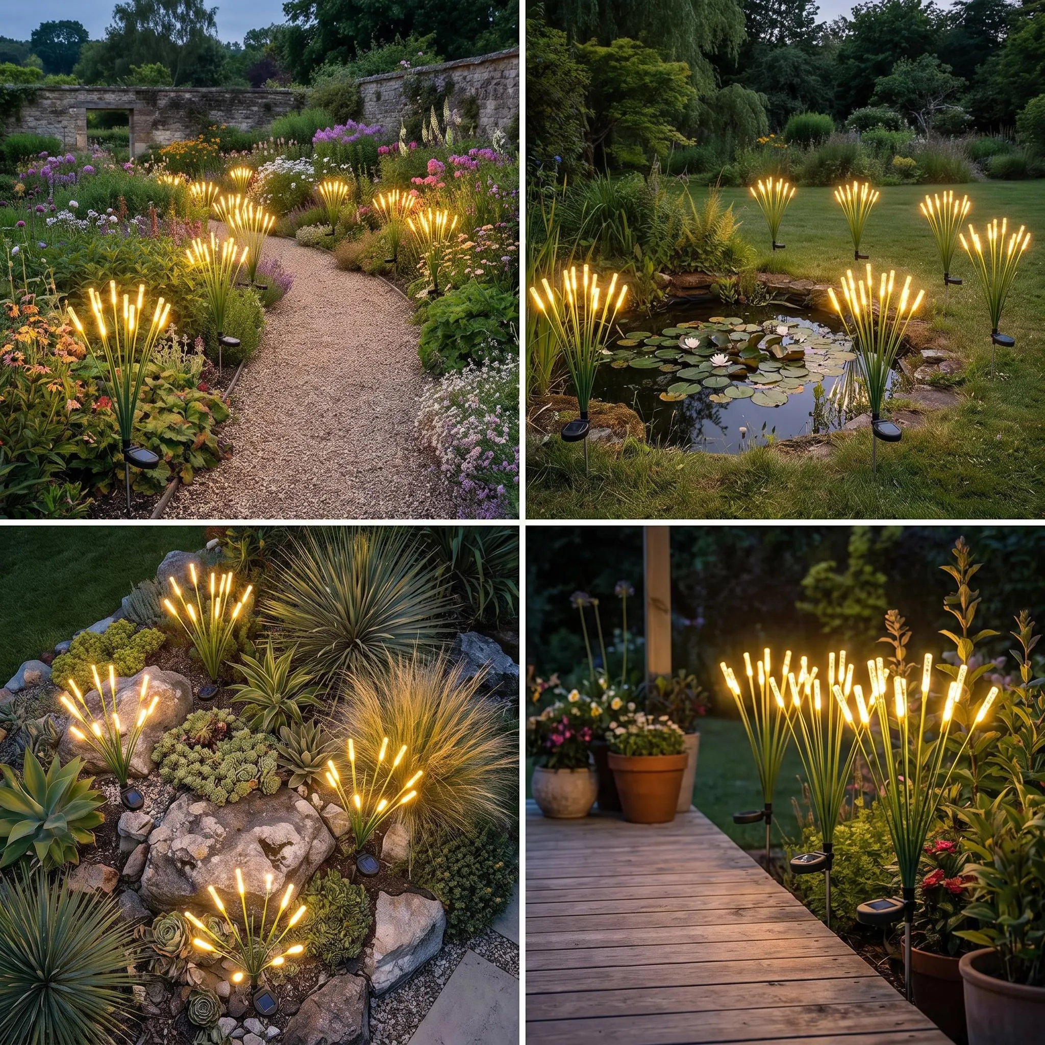 Solar Reed Cattail Garden Lights, Waterproof 6, 8, or 10 Head Outdoor Pathway Stakes