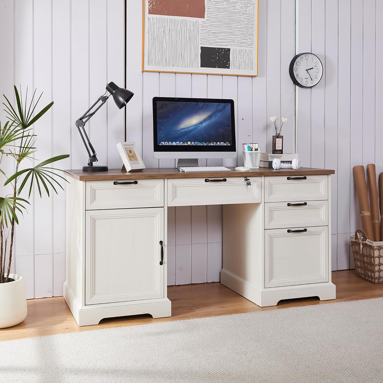 60 Farmhouse Executive Desk with Lock,Home Office Desk with Charging Station,Executive Desk with 4 Drawers & 1 Cabinet&1 File Cabinet for Office and Home