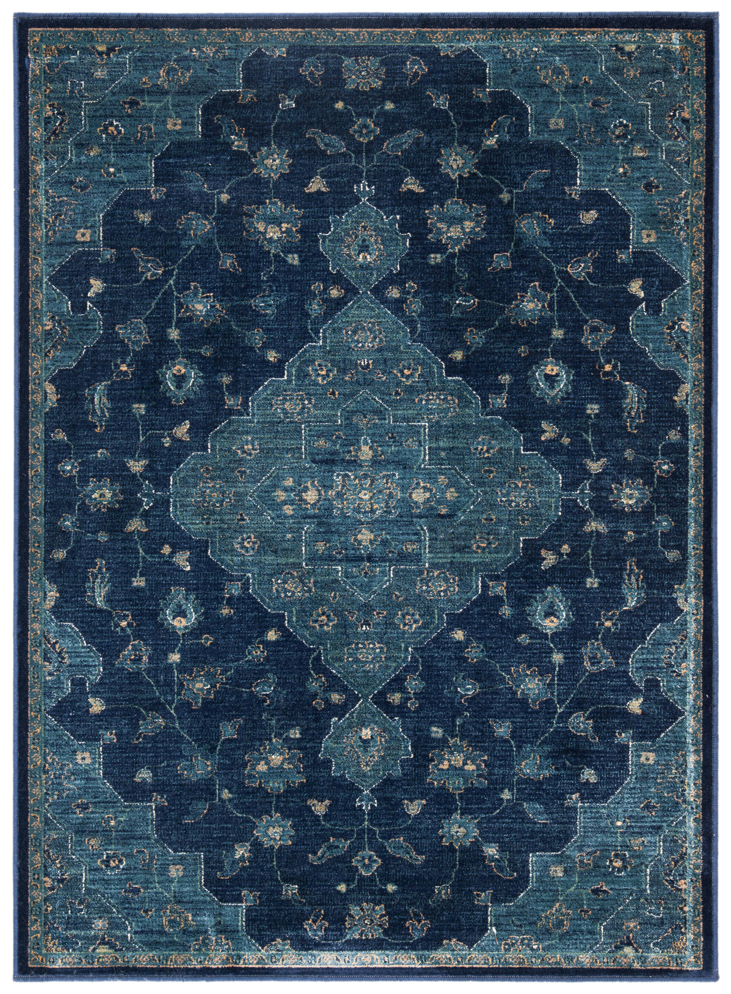 VINTAGE - Tapis de salon interieur en bleu marine & bleu canard, 99 x 140 cm