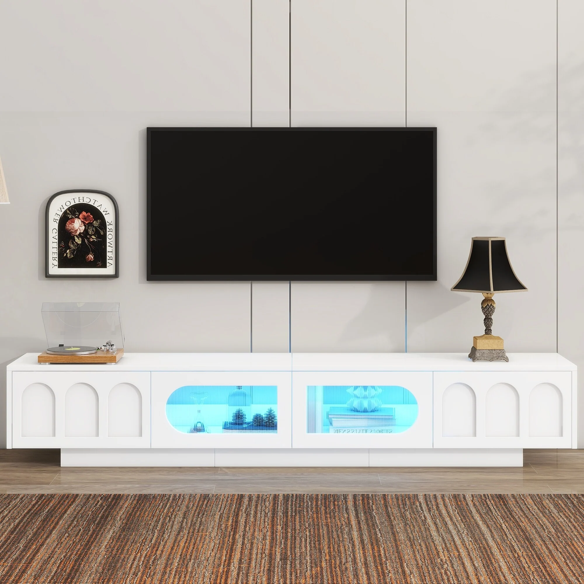 White 86 TV Stand with LED, Storage & Glass Doors for TVs Up to 95