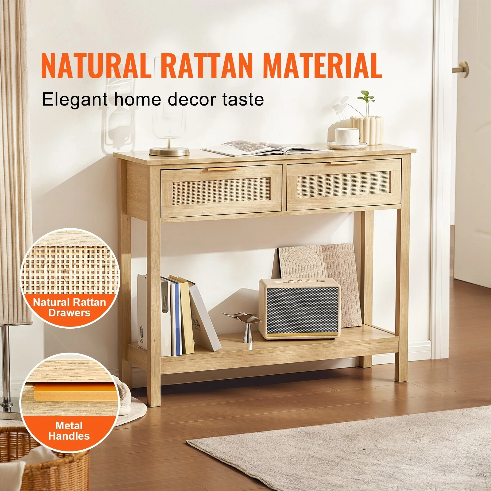 Natural Rattan Entryway Table with 2 Drawers, Storage Console - 39.37 × 11.81 × 29.33 in