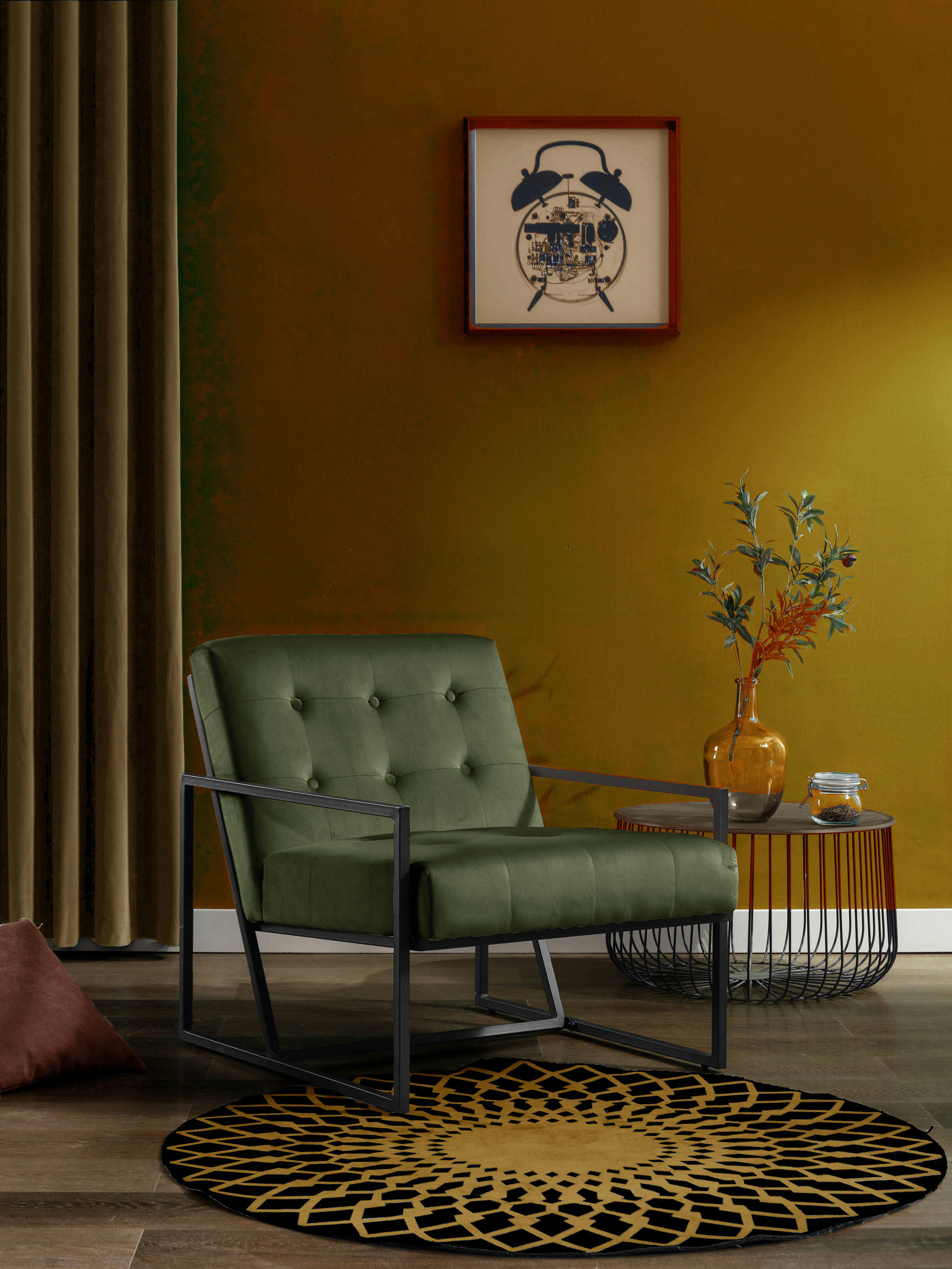 GREG - Fauteuil lounge en velours Army et métal noir