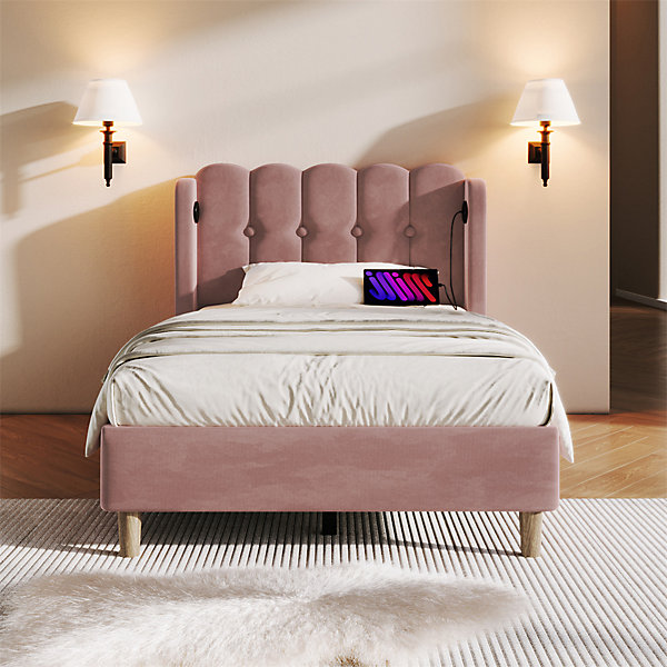 Lit adulte lit 90x200 cm lit rembourré avec fonction de charge usb type c Single velours rose