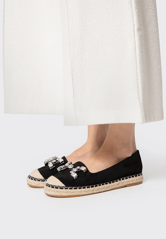 Damskie espadryle z biżuteryjną ozdobą czarno - beżowe