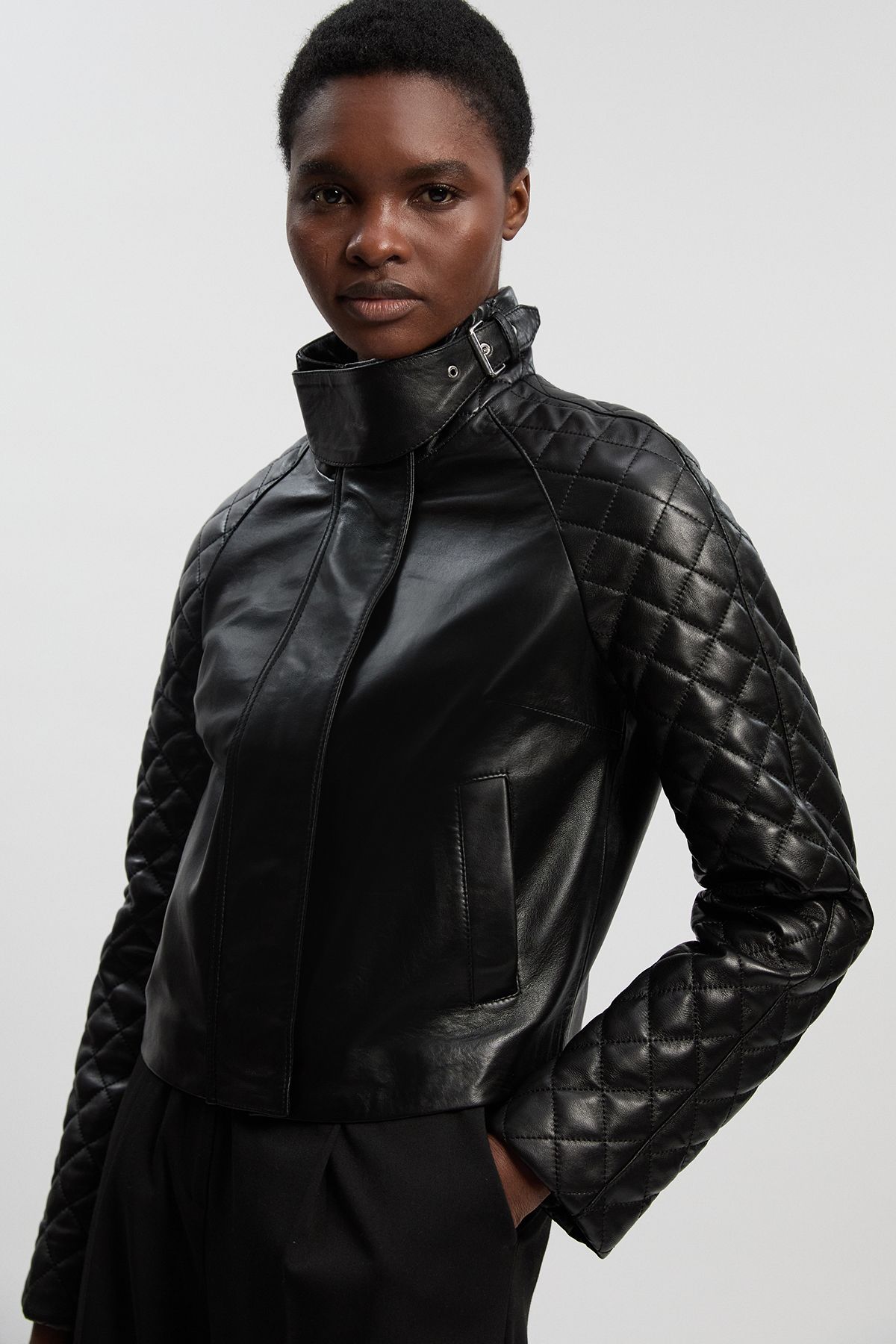 KarenMillen Cropped Quilted Leather Biker Jacket