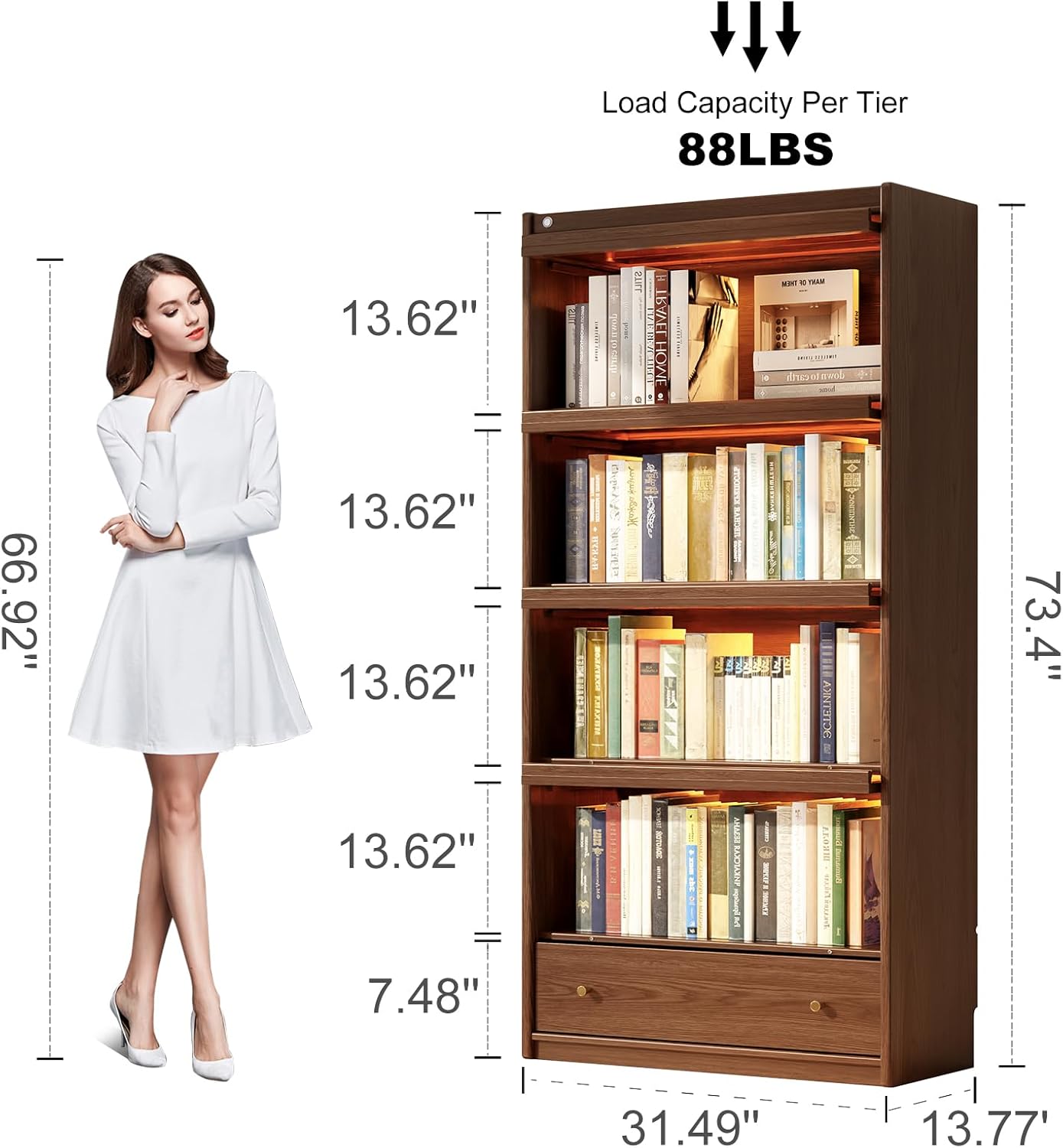 AQIMUELE Solid Wood Bookcase - 5-Tier Book case with 3 Color LED, 73.5 H x 32 W Tall Bookshelf with Clear Glass Doors and Storage Display Case Cabinet for Living Room