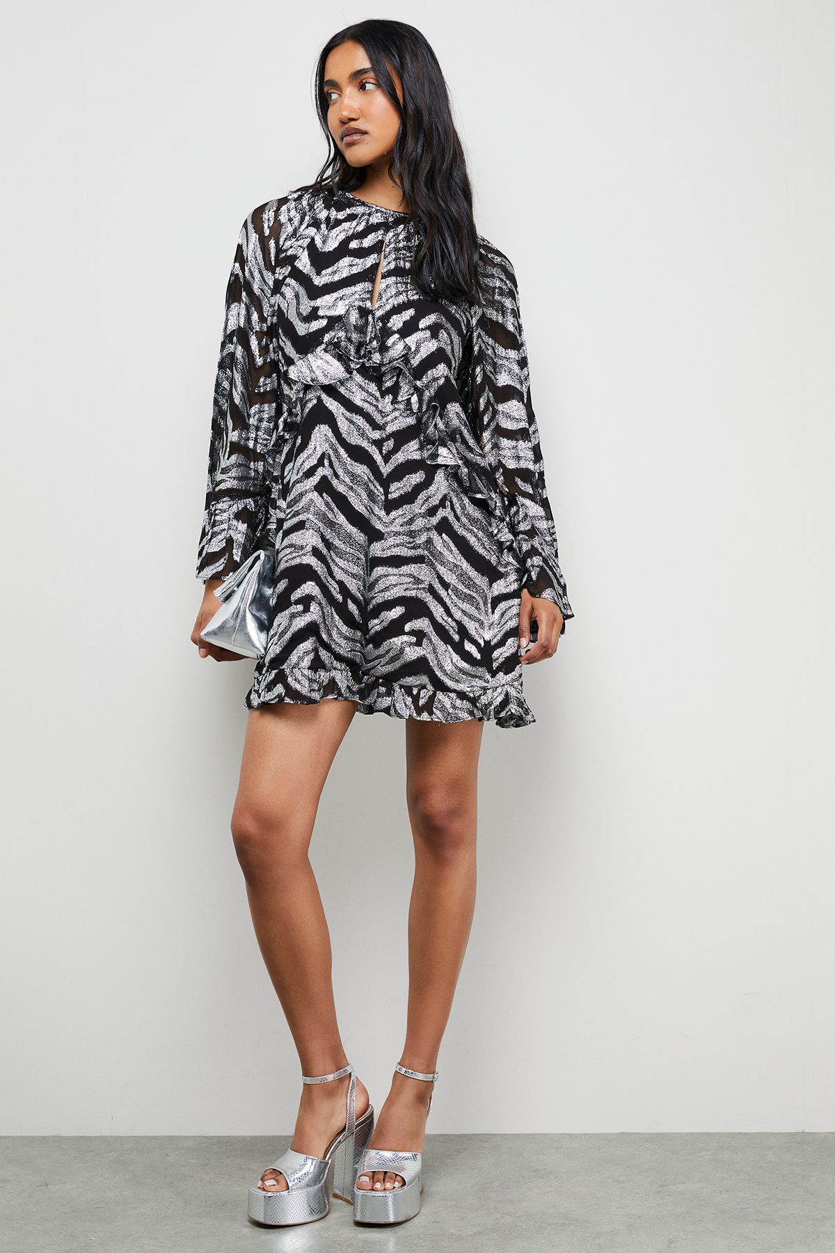 Warehouse Flippy Hem Volume Sleeve Viscose Zebra Jacquard Dress