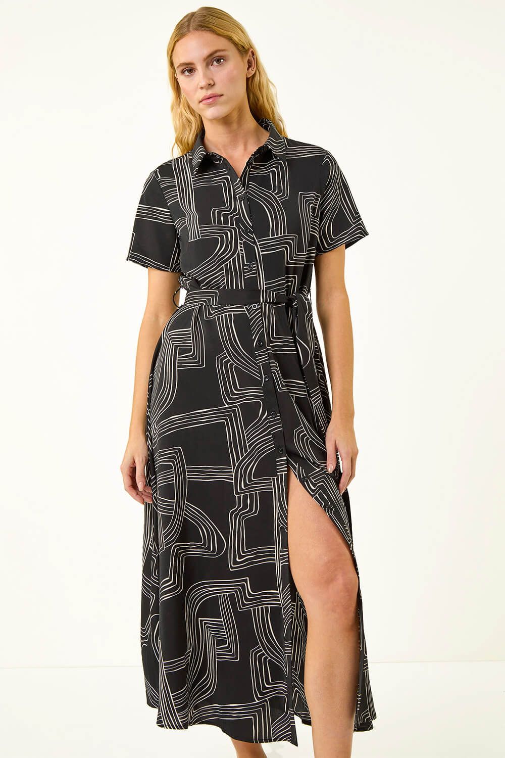 Roman Geo Linear Print Shirt Midi Dress