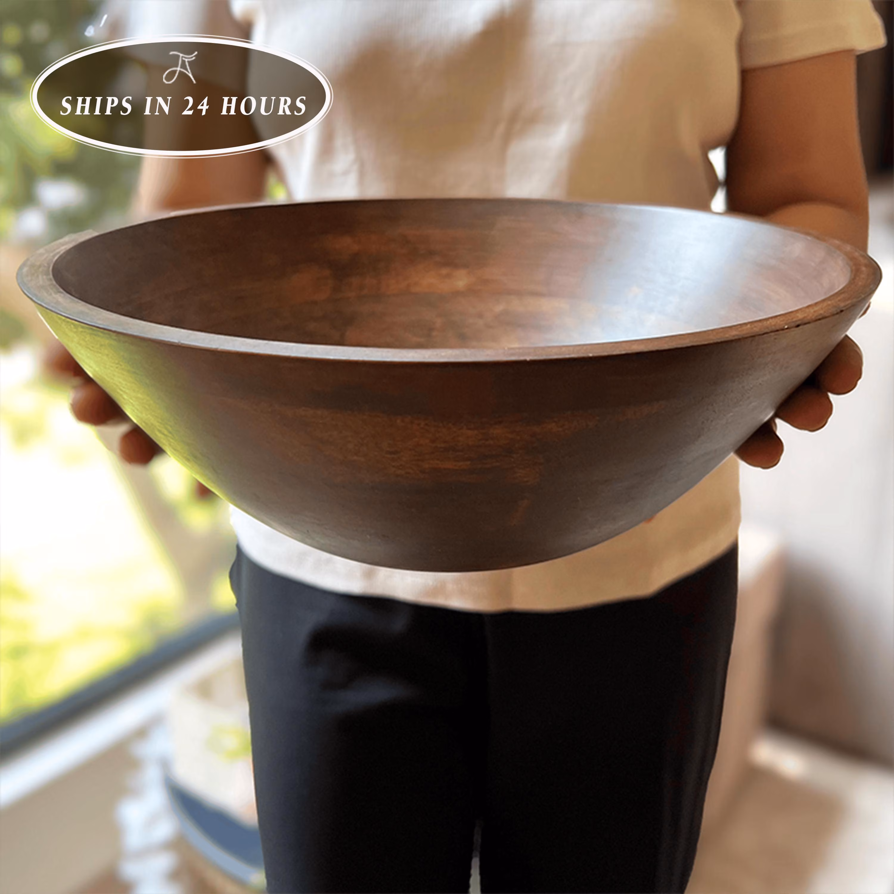 Large Walnut Salad Bowl Set, Wooden Serving Bowl with Utensils, Rustic Fruit Bowl Table Centerpiece