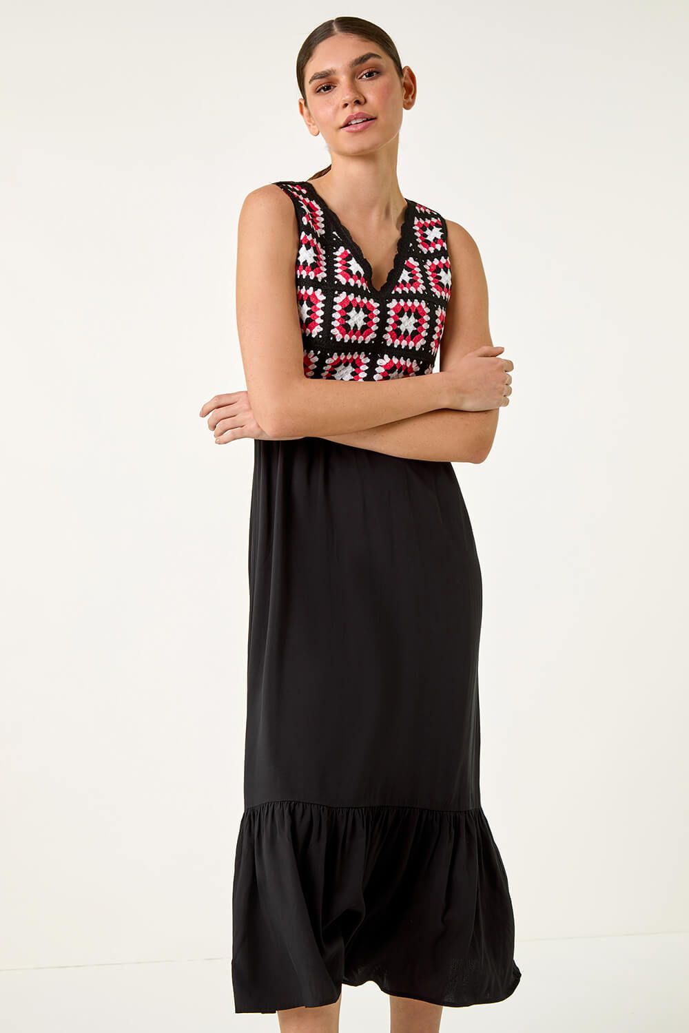 Roman Sleeveless Crochet Fit & Flare Midi Dress