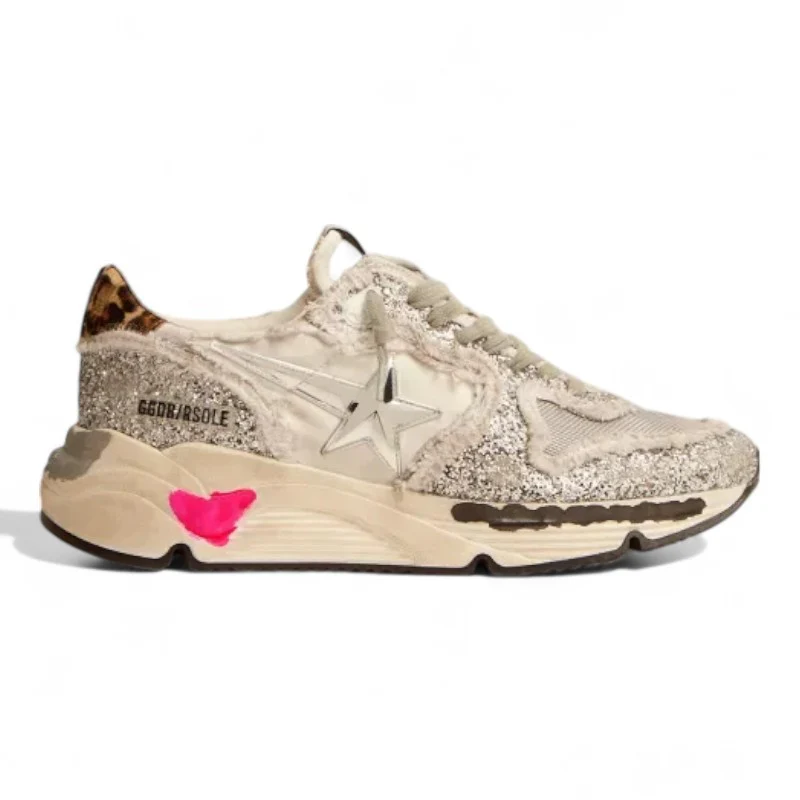 Running Sole sneakers in nylon and silver glitter with leopard-print pony skin heel tab