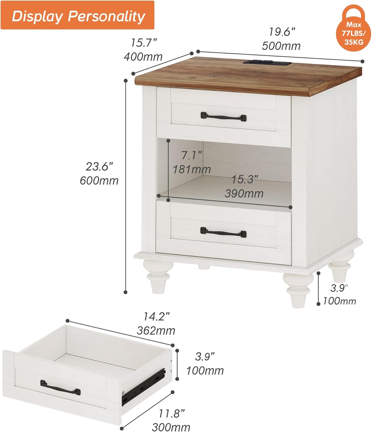 WAMPAT Off White Nightstand with 2 Drawers, Wooden End Table with Charging Station, Mid Century Modern Side Table Bedside Table for Bedroom & Living Room, 20 Inch