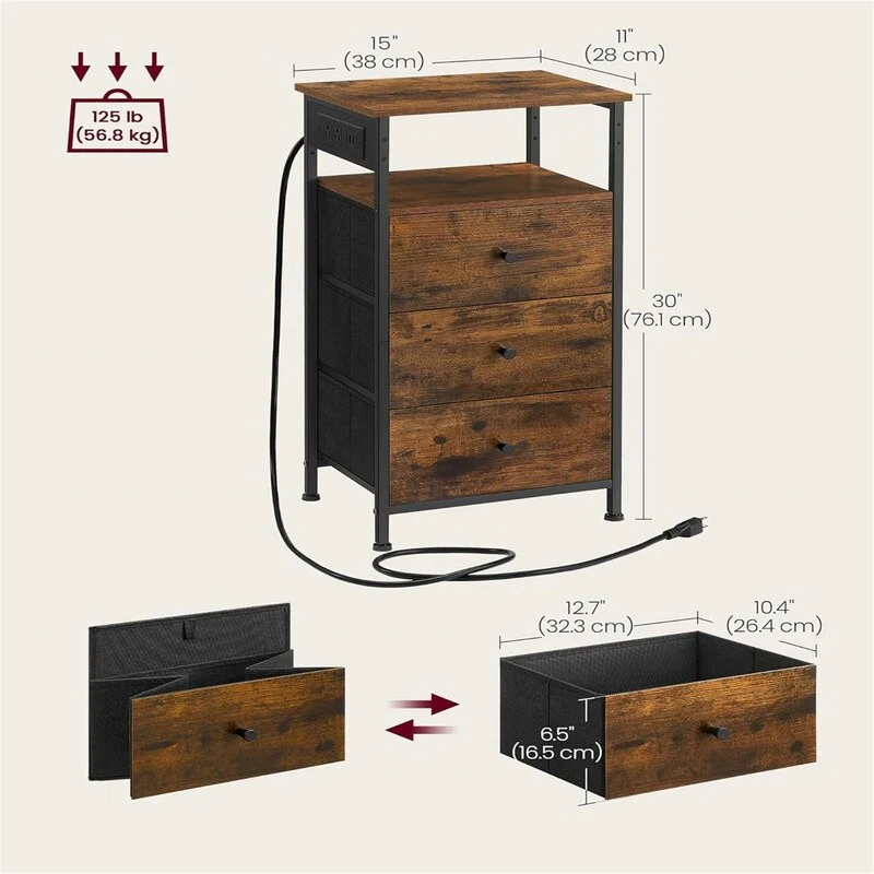 Nightstand with Charging Station Night Stand Side Table with 3 Drawers and 1 Open Shelf