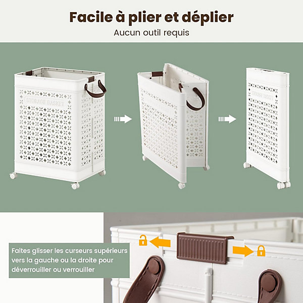 Panier à Linge Pliant, avec Petit Panier Latéral, Roulettes Verrouillables, Poignées Pratiques,pour Buanderie (43,5x34x61CM)