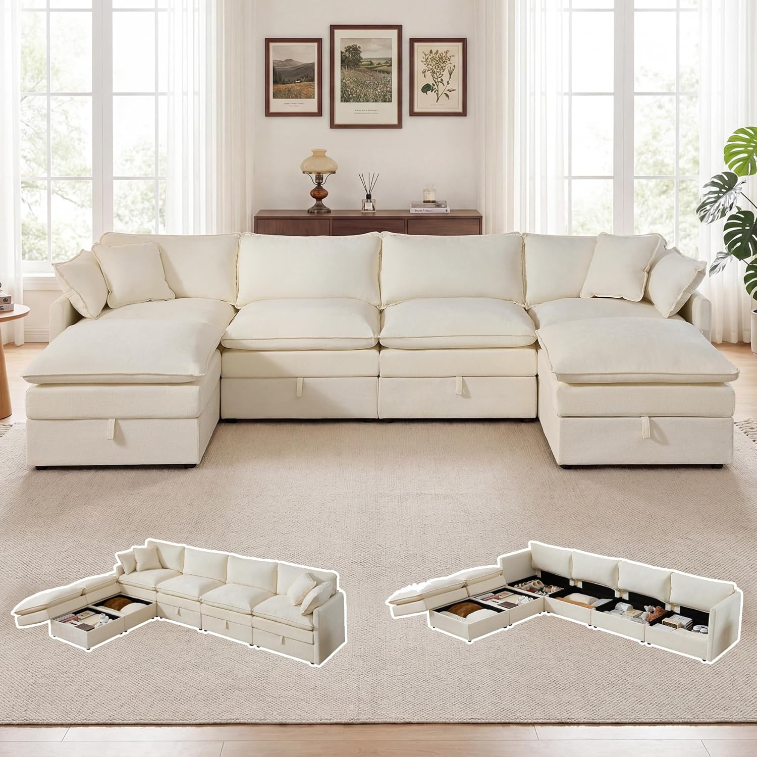 Modular Sofa with Storage, 135 U Shape Sectional Cloud Couch, Comfy Fabric Couch with Movable Ottoman, 6 Seat Modern Deep Seat Sofa for Living Room (Beige Chenille)