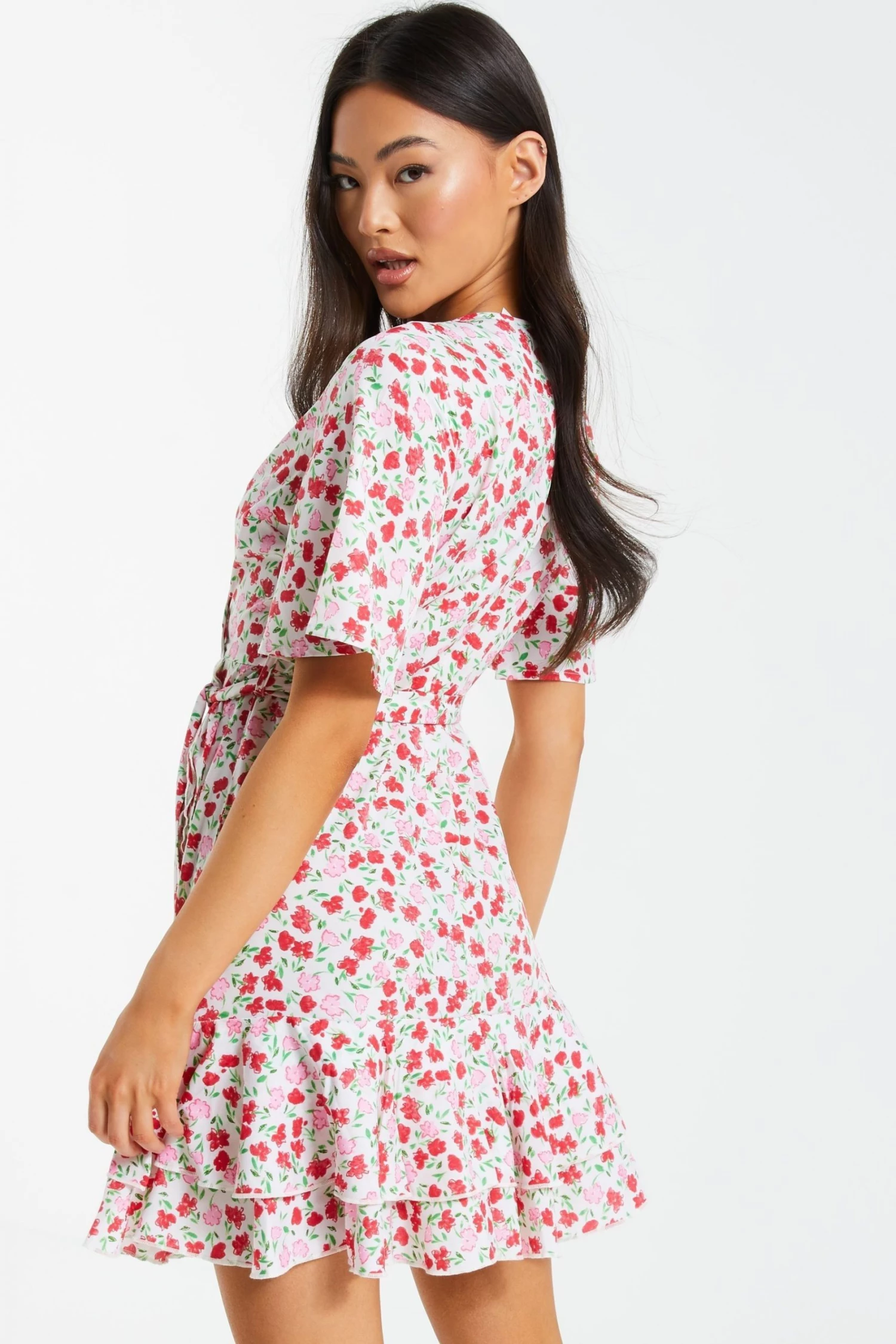 Quiz Pink & White Ditsy Print Wrap Skater Dress