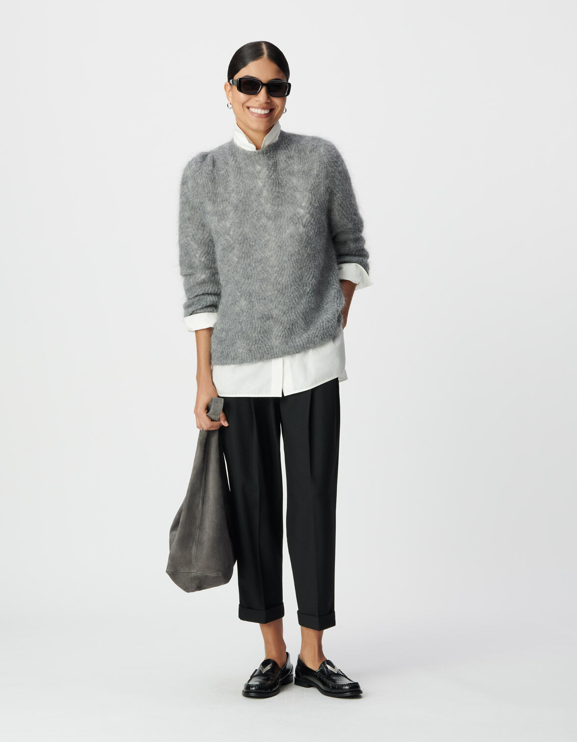 Pantalon noir cropped à revers Femme