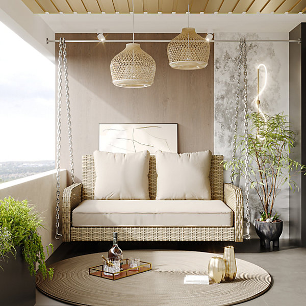 Balançoire d'Extérieur 2 Places avec Coussins Amovibles, Salon de Jardin en Polyrotin et Métal, Beige