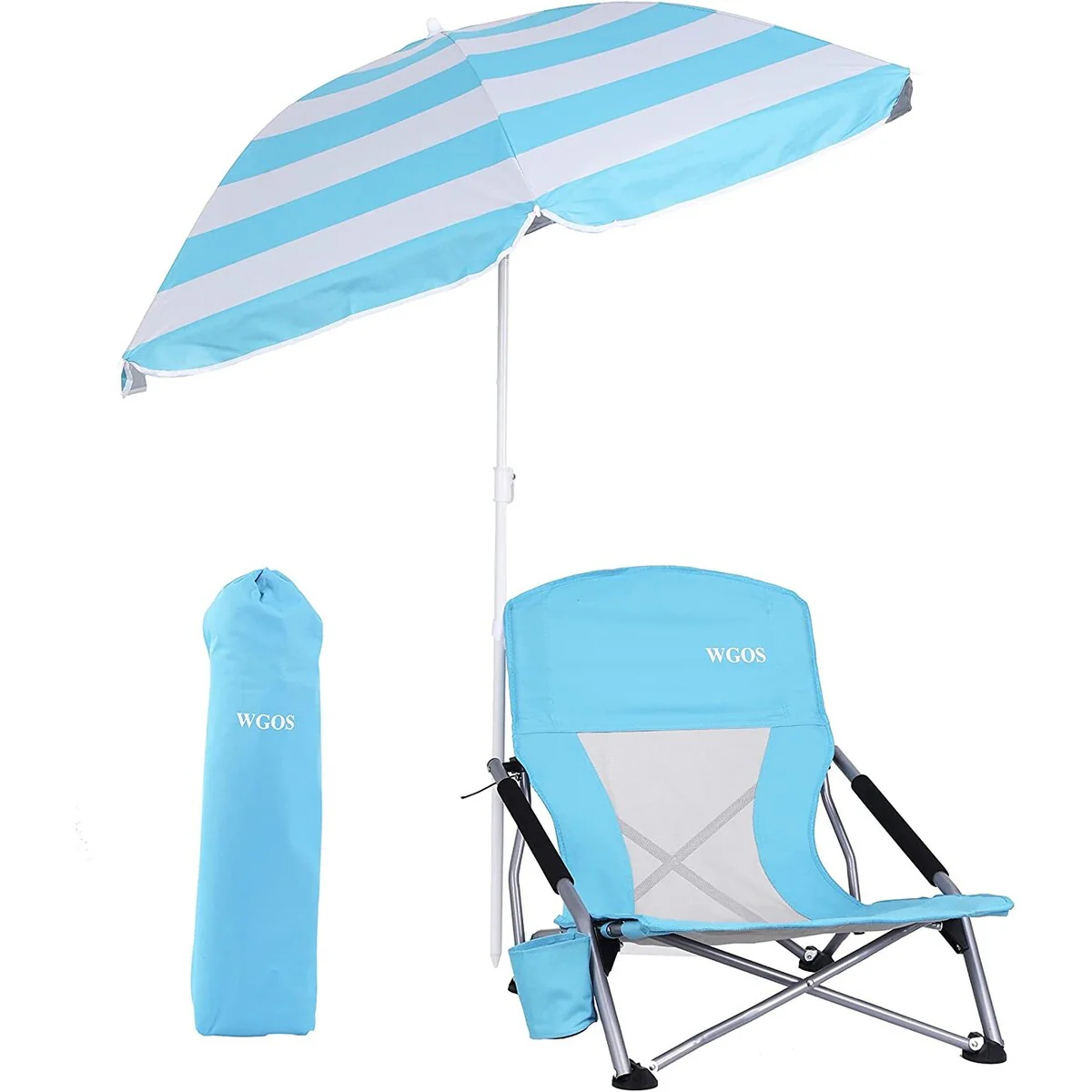 Low Beach Folding Camping Chair with Detachable SPF 50 Umbrella, Armrests with Cup Holder, Portable Lightweight Outdoor
