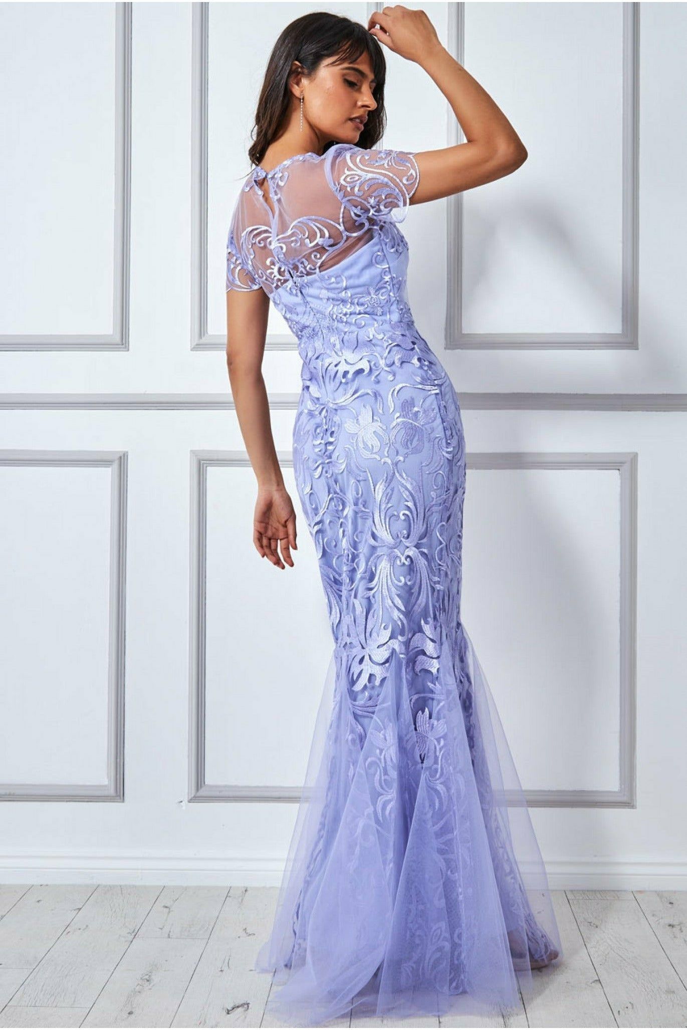 Goddiva Mesh & Lace Maxi With Scalloped Hem