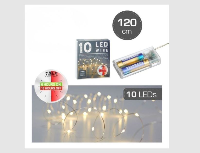 LED-Drahtlichterkette 10 LEDs warmweiß 1,20m mit Timer