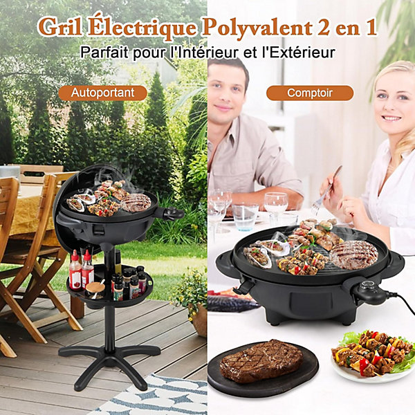 Barbecue électrique sur Pied 2 EN 1, 12000W, Température Réglable, 2 Zones Plaque , étagère , Bac à Graisse