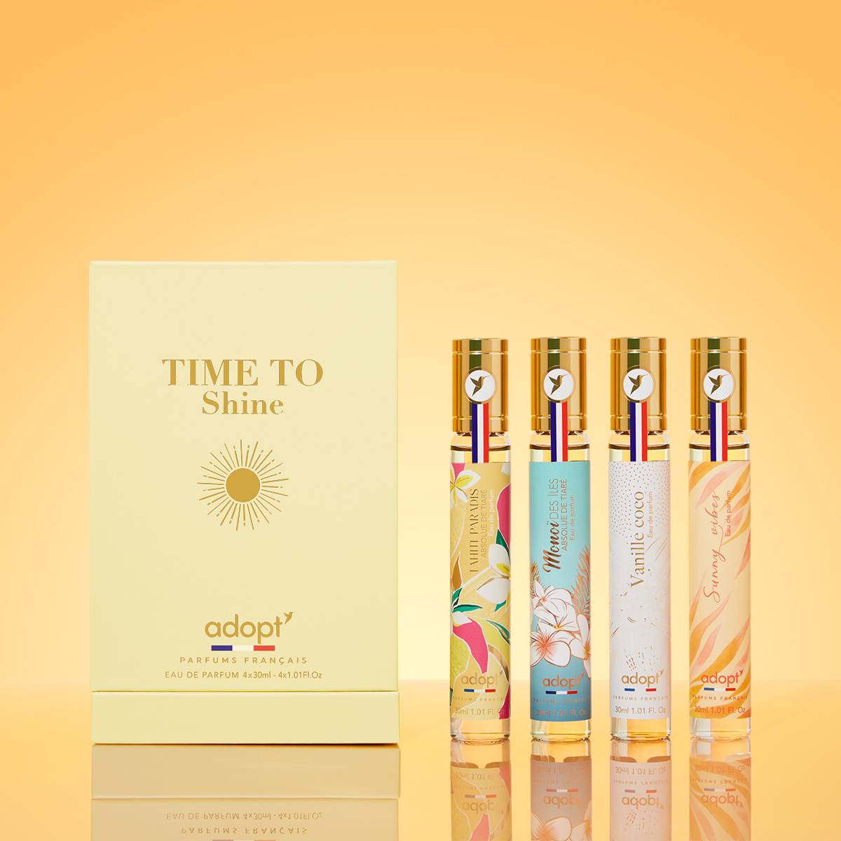 Time to shineCoffret 4 eaux de parfums Tahiti paradis 30 ml   Monoi des iles 30 ml   Vanille coco 30 ml   Sunny vibes 30 ml