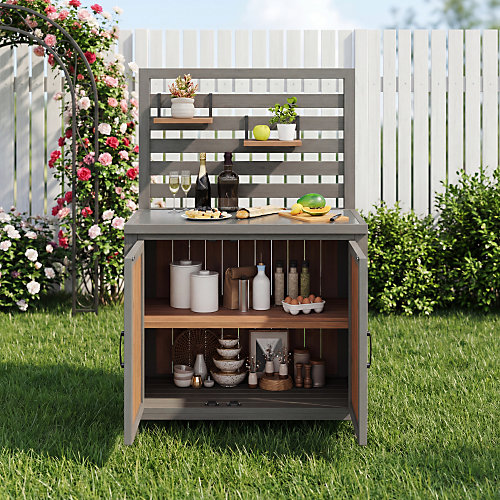 Armoire de jardin en bois massif avec plateau inox et crédence à étagères - Armoire d'extérieur, station barbecue - Gris