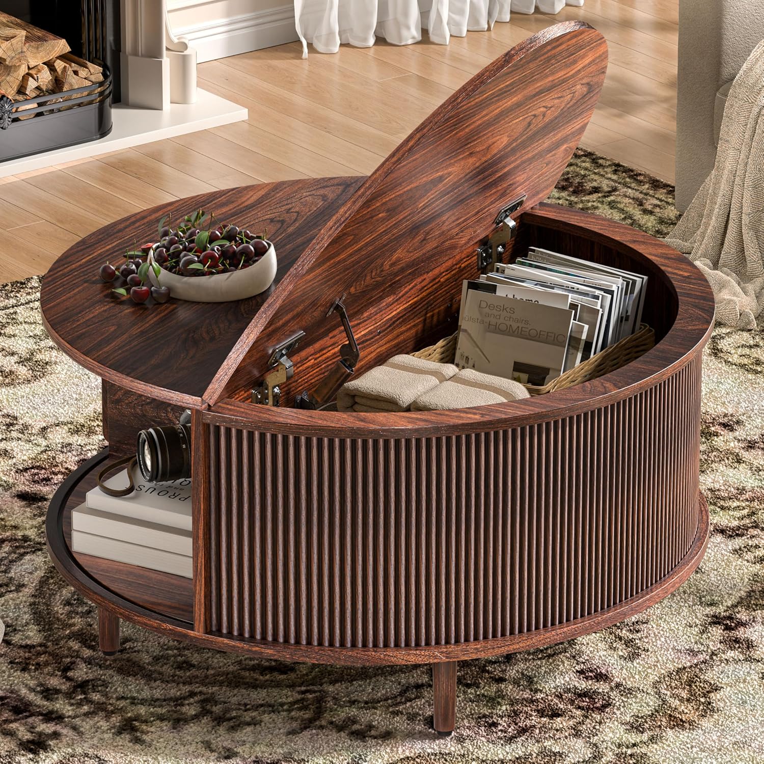 Round Coffee Table, 31.5 Fluted Center Table with Storage, Lift-Top Coffee Table with Adjustable Footpads, Sliding Door, Mid-Century Modern Center Table for Living Room, Small Space (Warm Walnut)