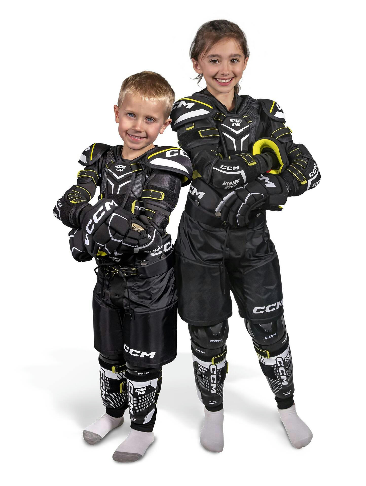 CCM Rising Star Elite Hockey Protective Kit, Youth, Black/White/Yellow, Assorted Sizes