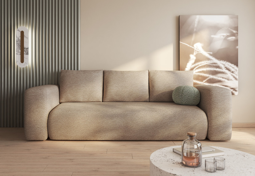 Wygodna beżowa sofa z funkcją spania Lambi z pojemnikiem.