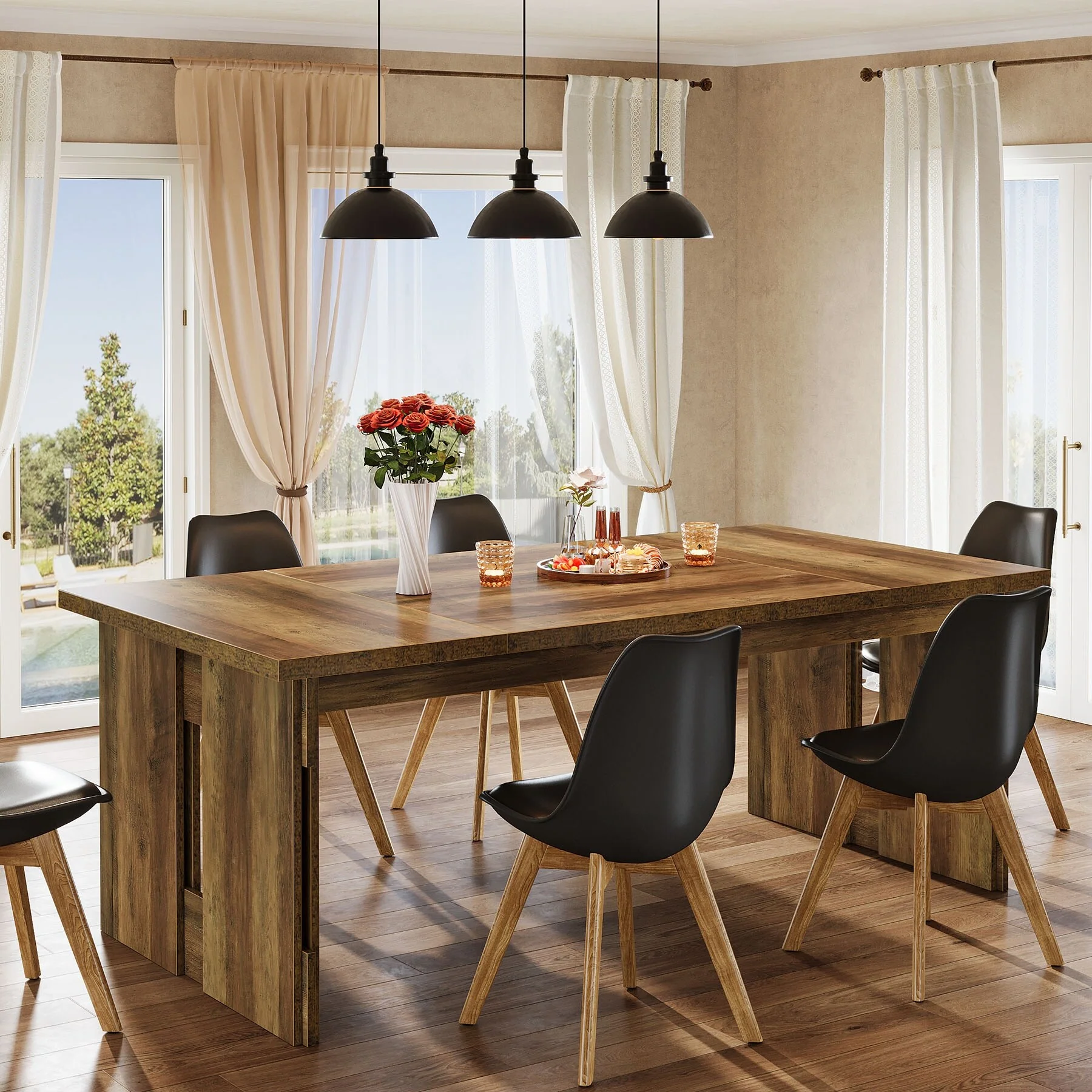 63-Inch Farmhouse Dining Table for 4-6, Rectangular Kitchen Dinner Table