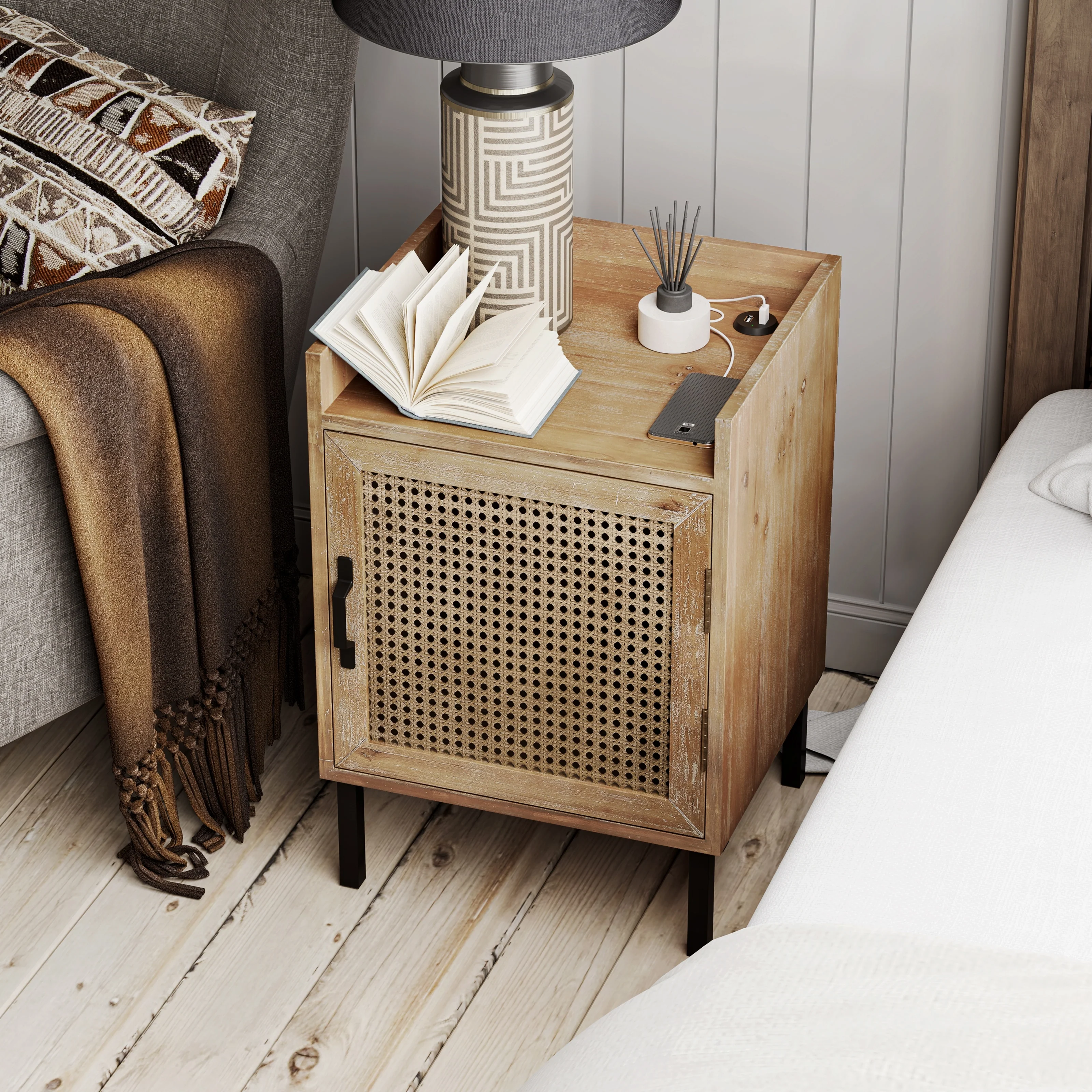 COZAYH Rustic Farmhouse Nightstand with 2 USB Ports