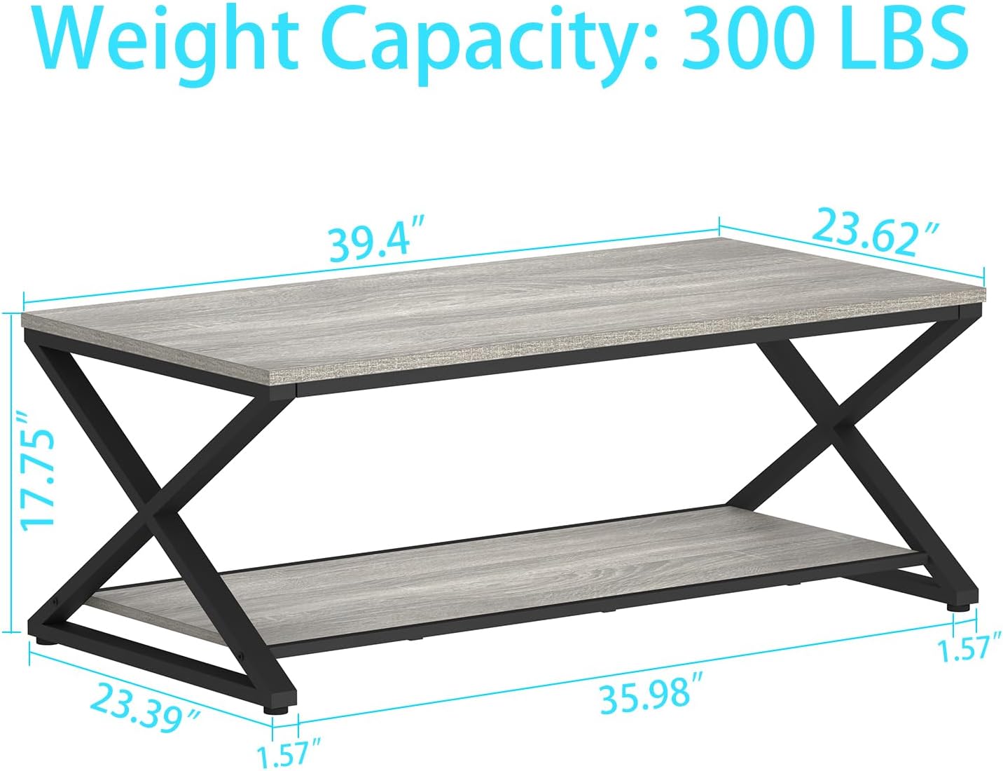 HSH Rustic Grey Coffee Table, Modern Minimalist Living Room Table with Storage Shelf, Industrial Simple Metal Wooden Center Table, 2 Tier Rectangle Cocktail Tea Table for Home Office Bedroom, 39 Inch