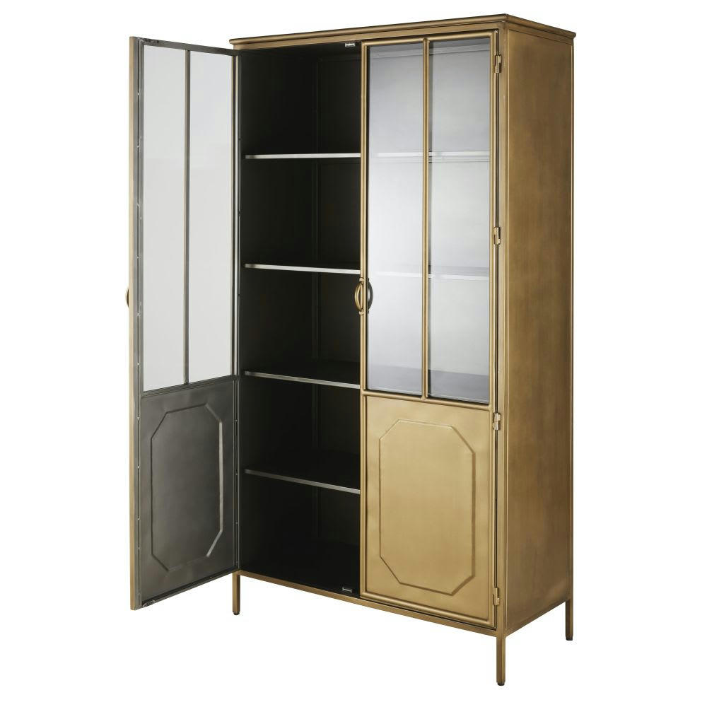 Peaky - Vaisselier industriel 2 portes en métal coloris laiton patiné et vieilli