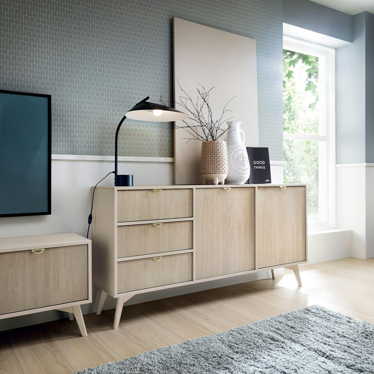 - Buffet 2 portes 3 tiroirs beige et naturel