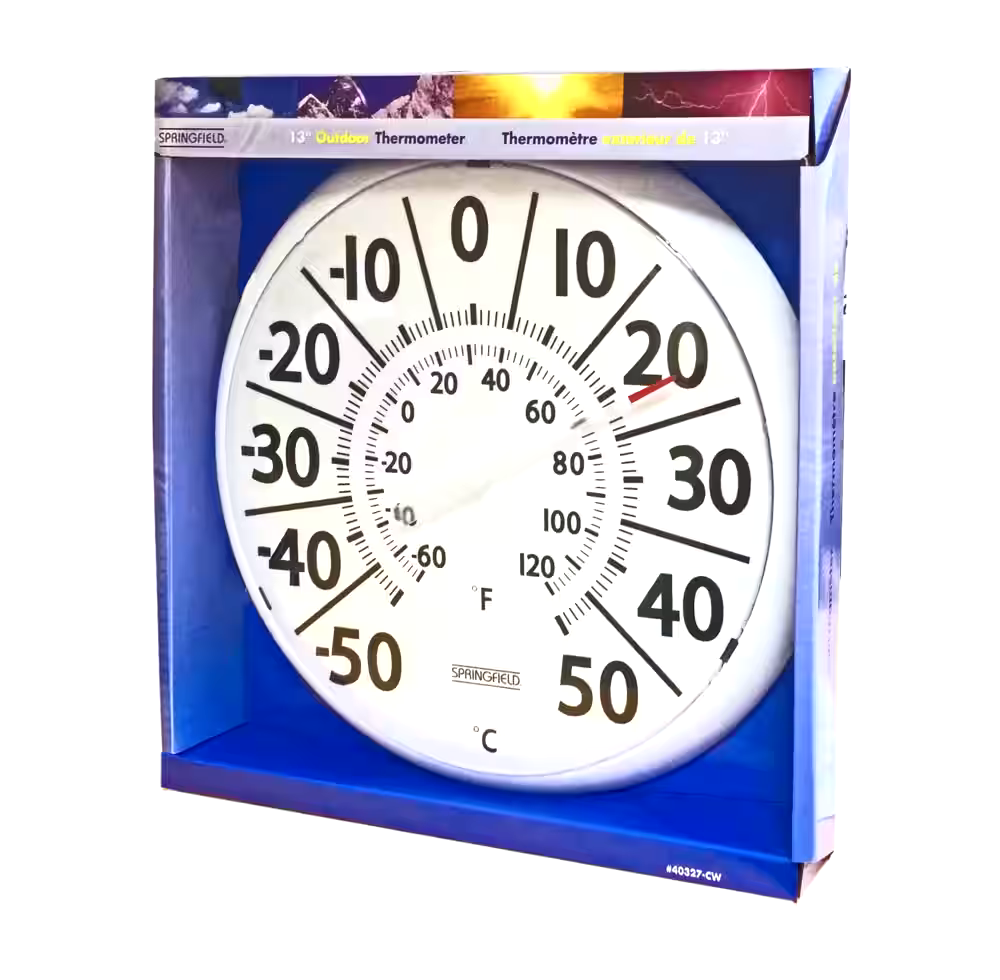Round Outdoor Analog Thermometer, White, 13-in