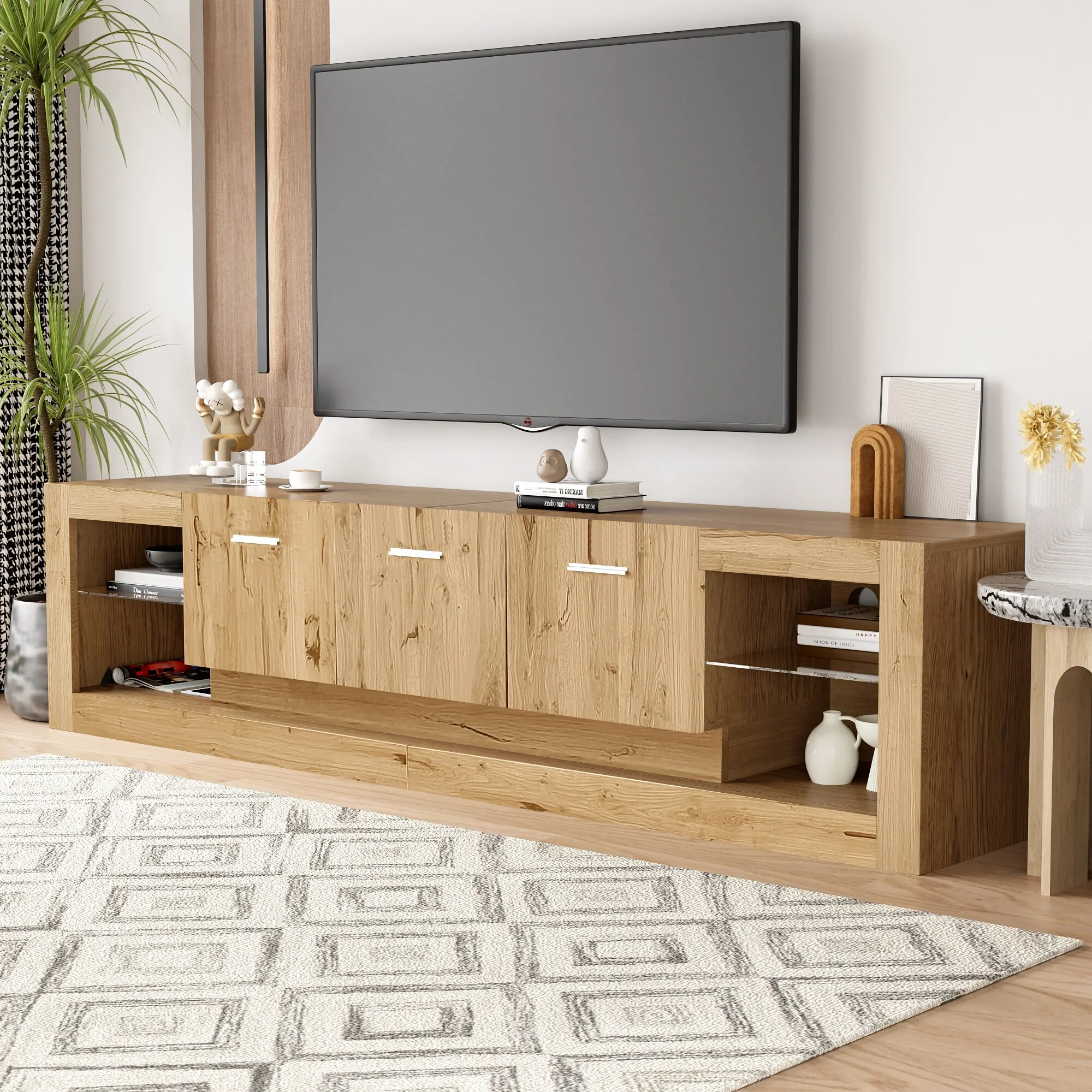 Natural Wood 78.7 TV Stand with 6 Cabinets & Open Compartments for TVs Up to 90