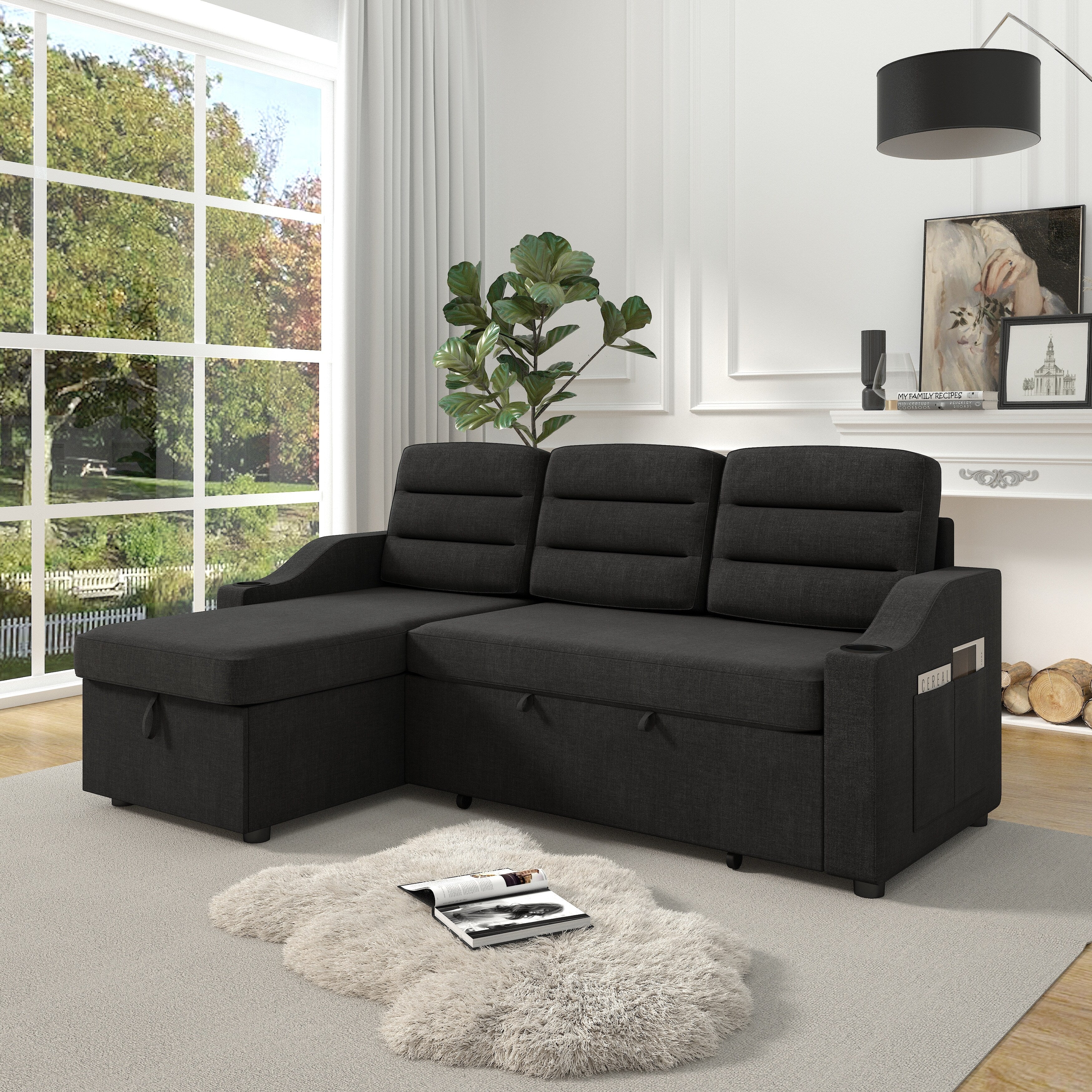 83.5'' Polyester Convertible 3 Seater Sleeper Sofa Couch with Pull-Out Bed, Storage Recliner, Cup Holder, and Side Pockets