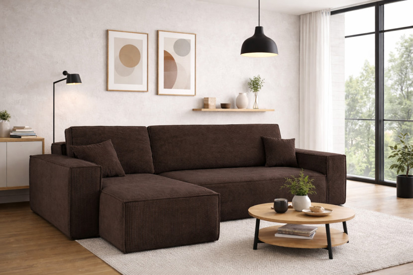 Sofa w kształcie L BEST narożnik, tkanina Poso, Brązowy Lewostronny