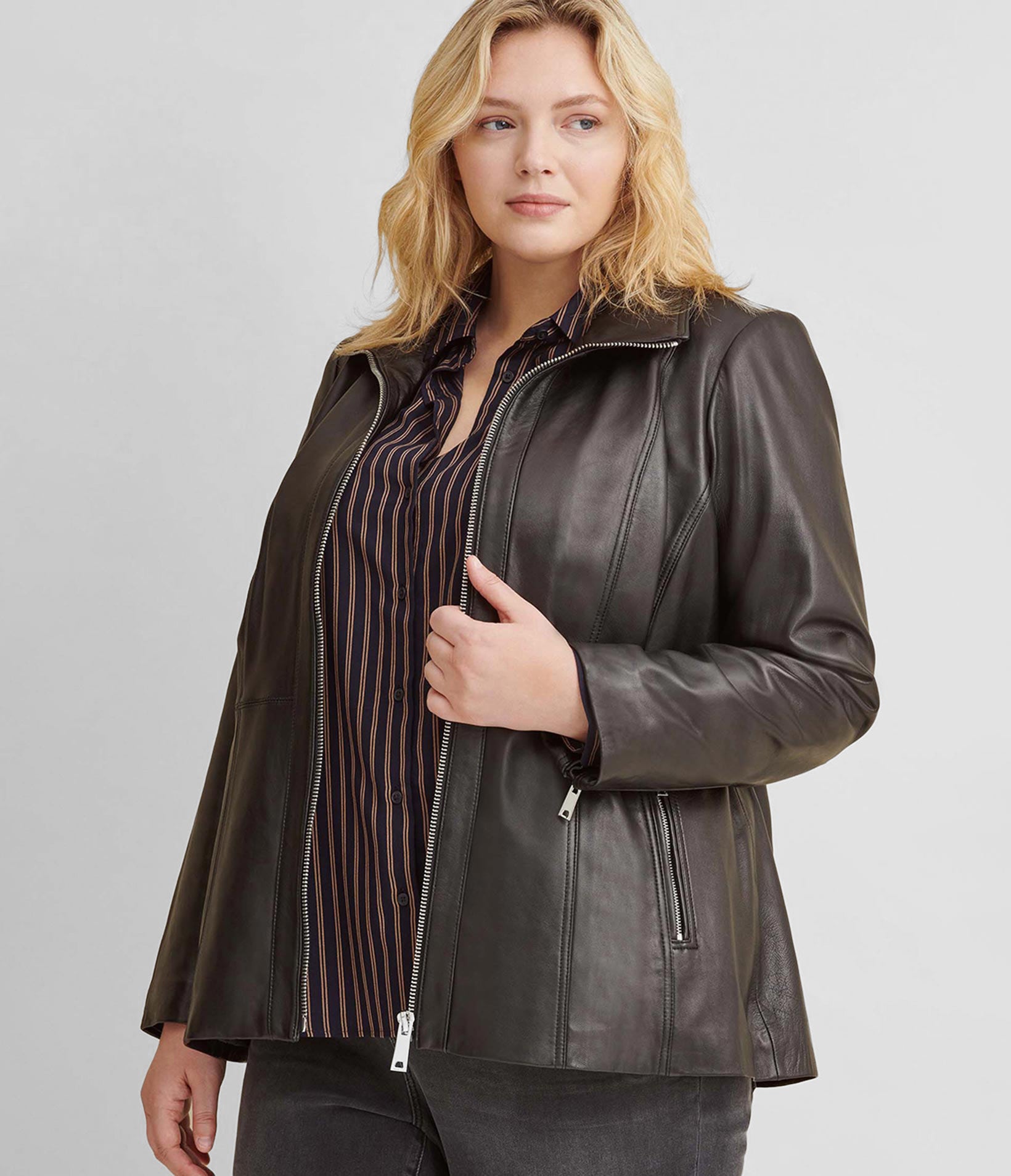 Plus Size Convertible Collar Leather Jacket