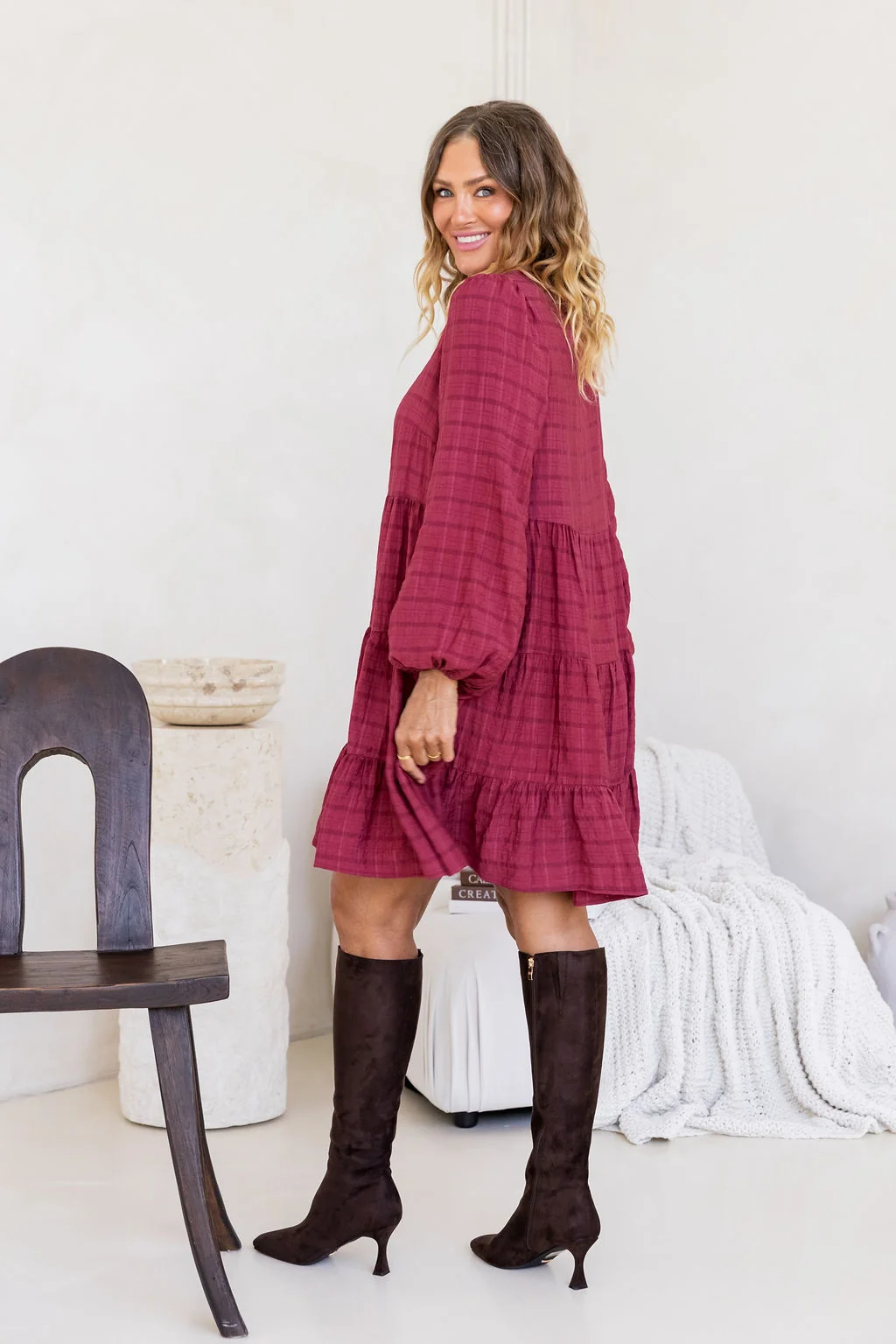 Long Sleeve Greta Dress in Wine
