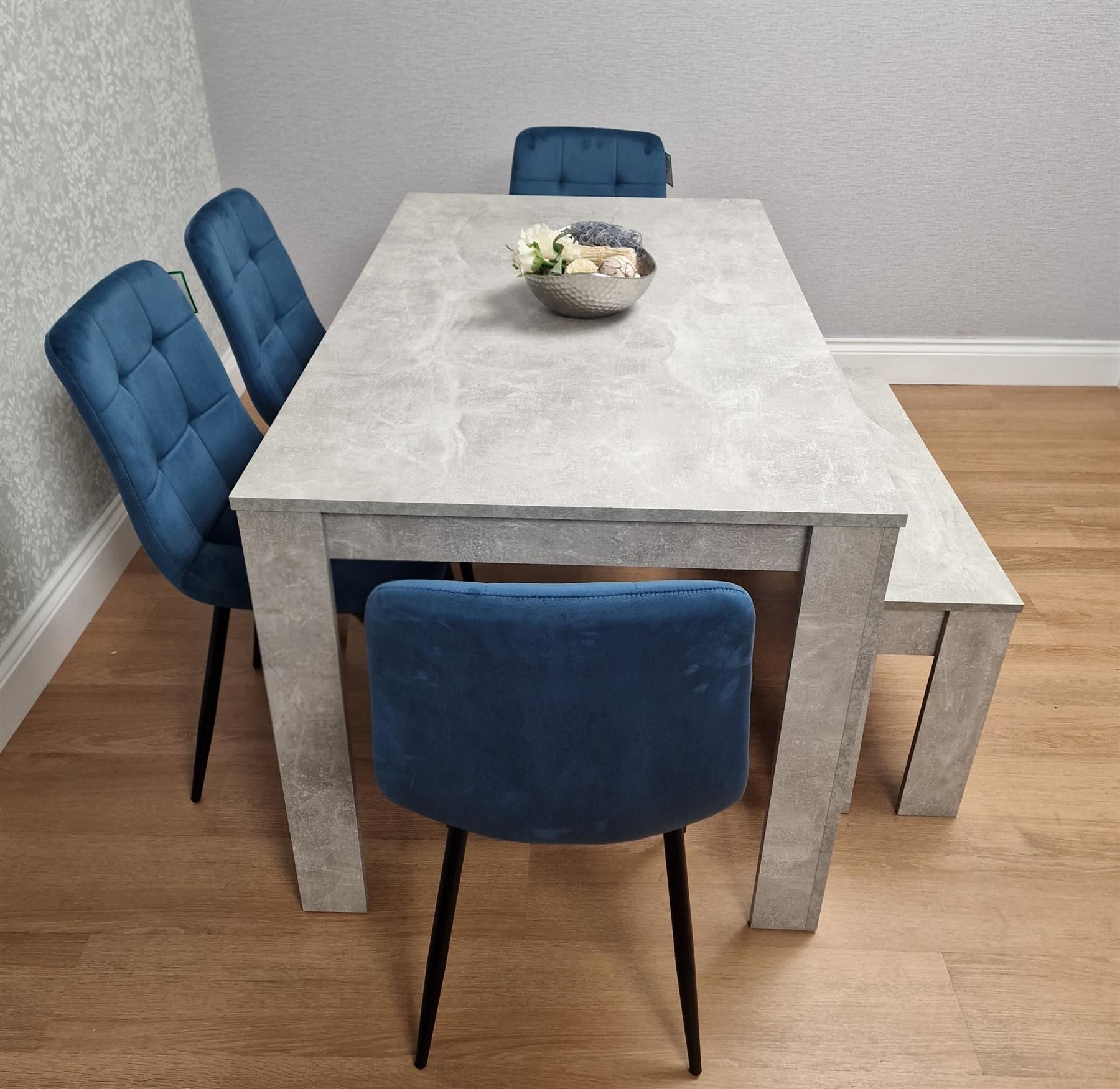 KOSY KOALA Modern Stone Grey Effect Dining with Bench and 4 Blue Velvet Chairs