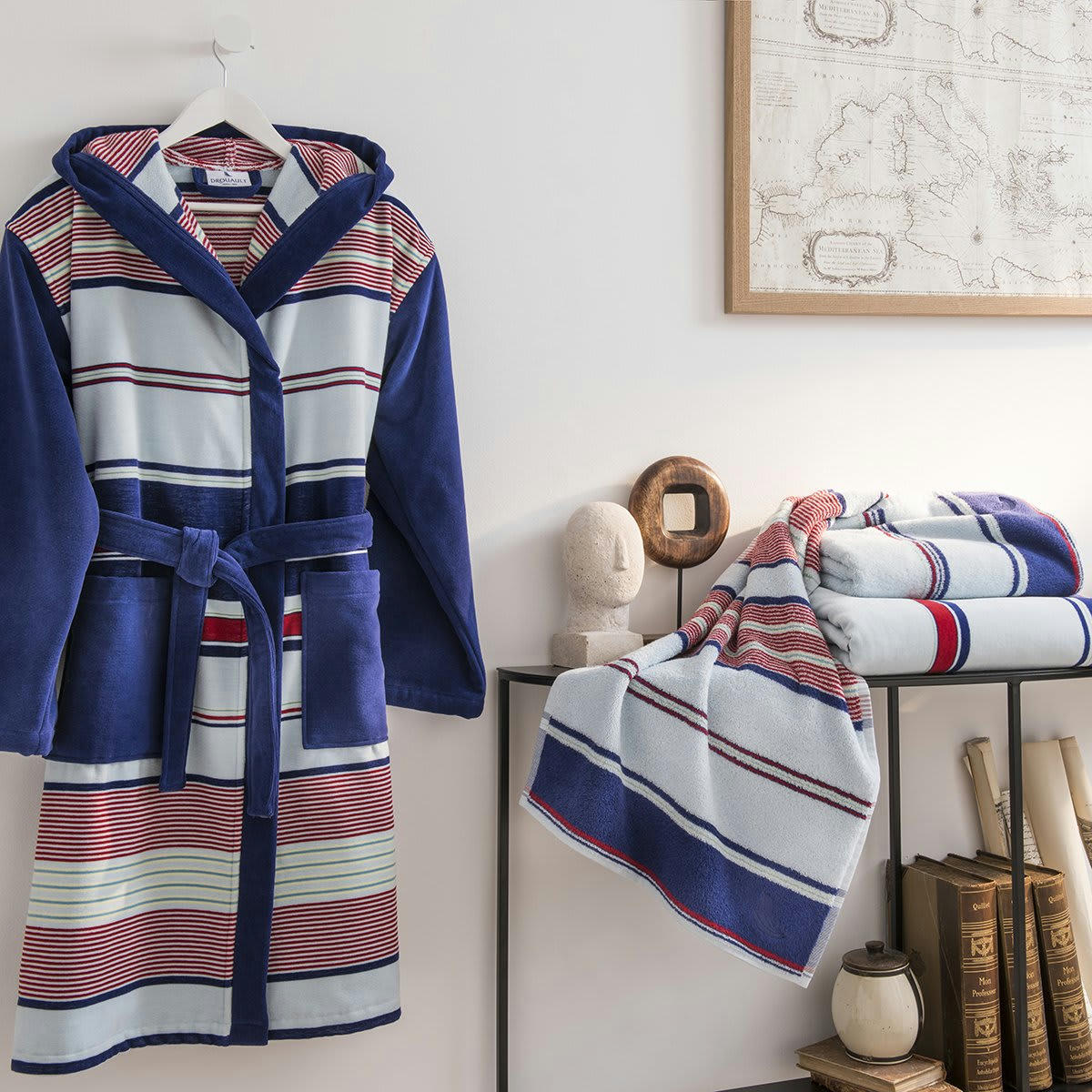 PLAISANCE - Peignoir coton bleu foncé rayé xs