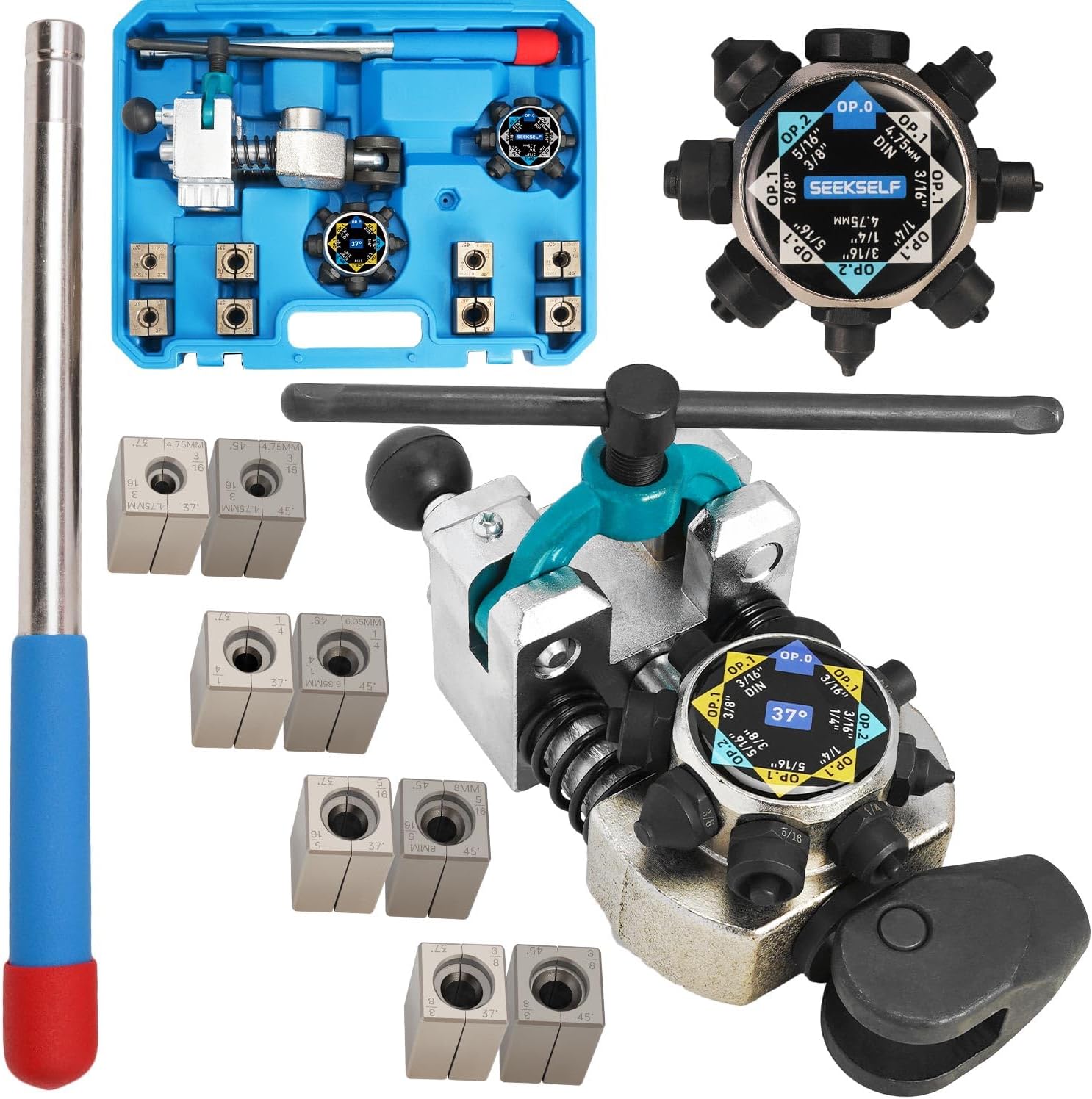 Professional Brake Line Flaring Tool Kit for 45 & 37 Degree Single, Double and Bubble Flares, 3/16, 1/4, 5/16, 3/8 and 4.75mm Steel Copper Metal Tubing