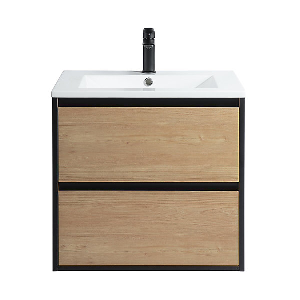 Pack Meuble prémonté 60 bois détail noir-Vasque résine-Robinet noir-Miroir RIMA - bain-bain