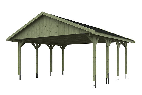 Carport SKAN HOLZ Wallgau 620 x 600 cm, imprégné vert, avec bardeaux noirs