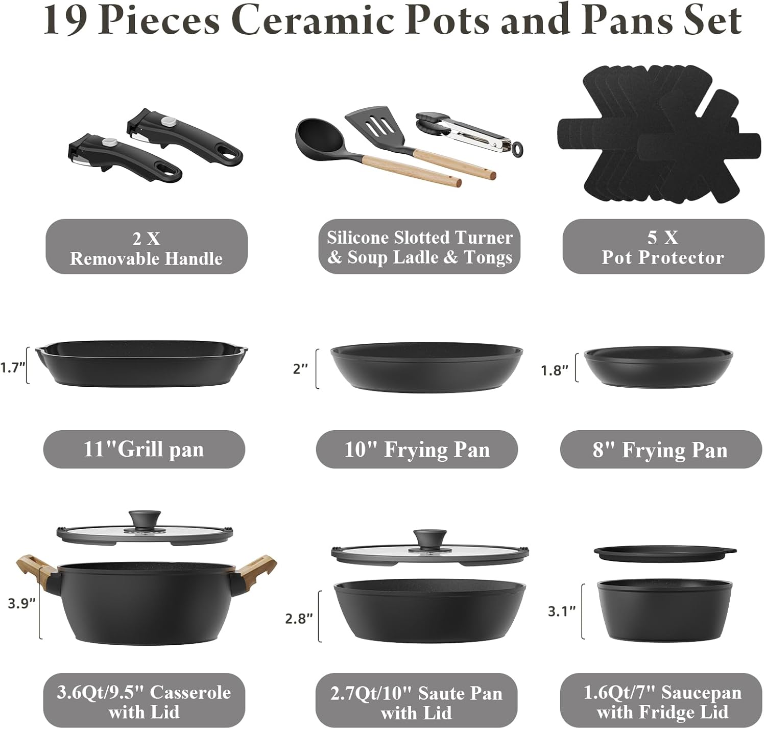 Bazova 19 Pcs Pots and Pans Set Non Stick Ceramic Cookware Set with Removable Handles, Non Toxic Induction Kitchen Cookware Sets RV Cookware,Dishwasher/Oven Safe PFAS/PTFE/PFOA Free,Black