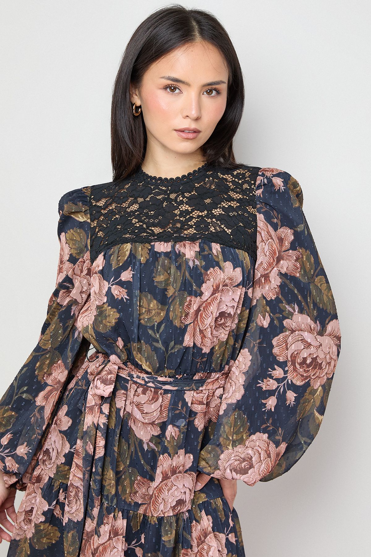 Oasis Petite Lace Front Belted Waist Long Sleeve Mini Dress