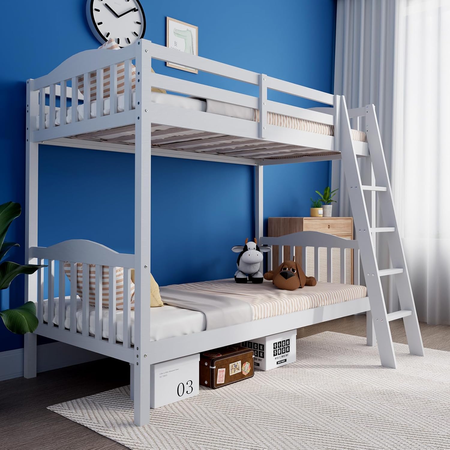 VINGLI Solid Wood Bunk Bed Twin Over Twin Classic, Twin Bunk Beds for Kids and Adults with Full Length Guardrails and Flats Pedals,Easy Assembly,No Box Spring Required,White